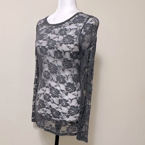 Color Story Sexy Sheer Gray Lace Roses Stretch Top Long Sleeves Pullover Top S/M - Picture 4 of 15